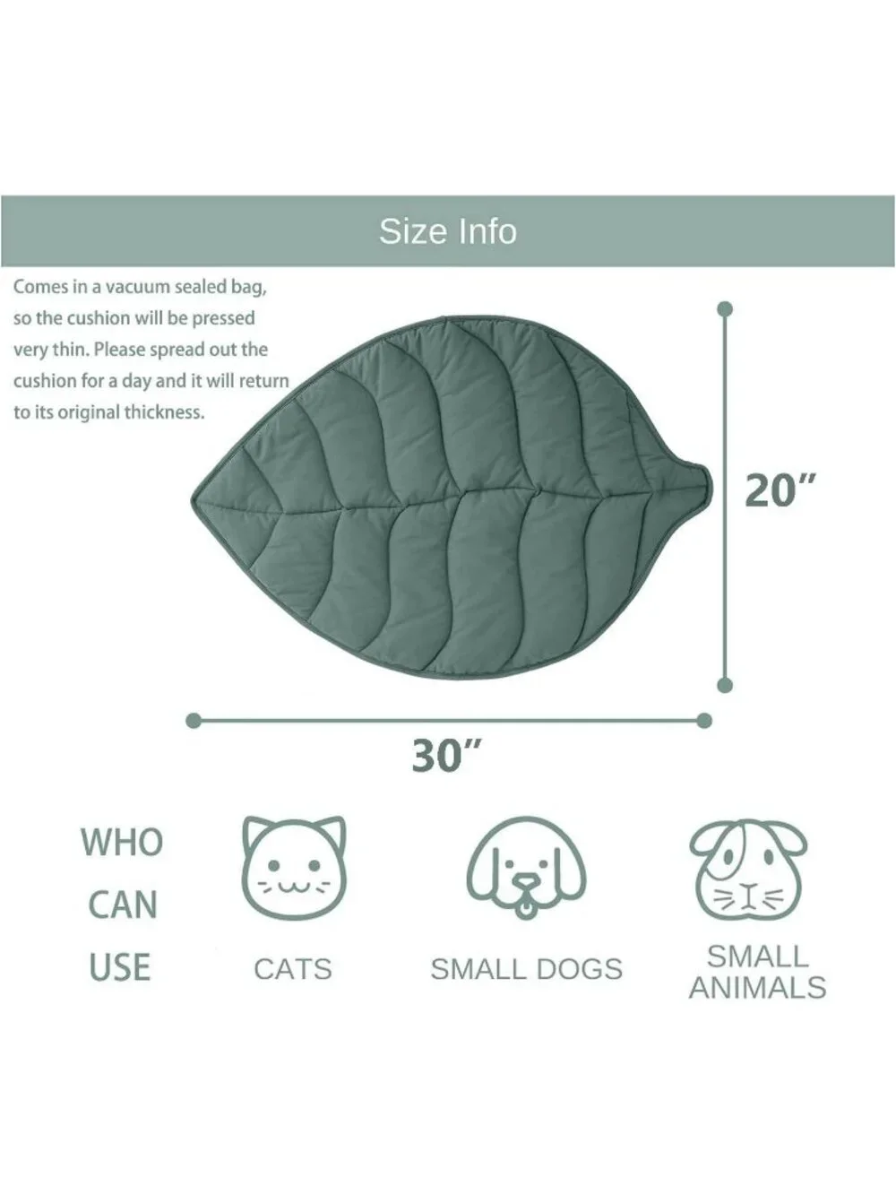 New 30 x 20 Inch Leaf-Shaped Cotton Cat Bed Pad Warming Mat for Indoor- Green